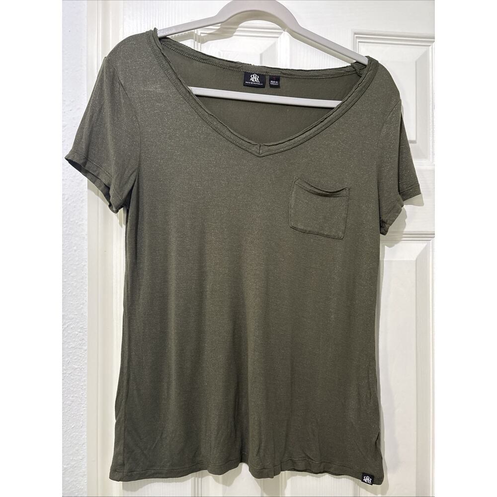 Rock & Republic Olive Green Silver Glitter V Neck T-shirt Pocket Size Small